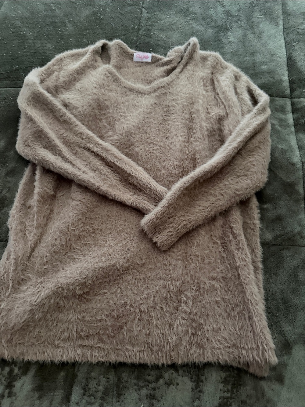Pink Lily Fuzzy Crewneck Sweater in Taupe